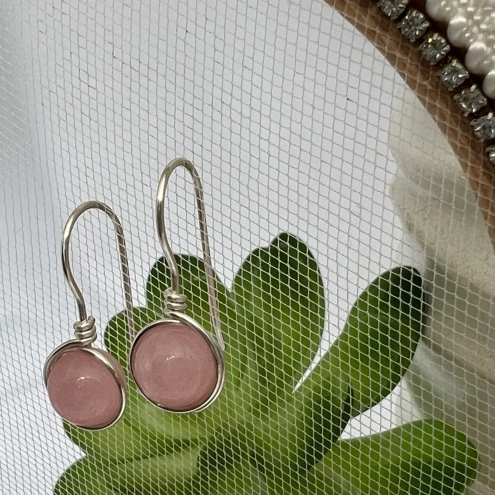 Rose Quartz Wire Wrapped Minimalist Earrings in Pink & Silver - Picture 6 of 13
